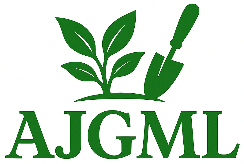 Logo showing AJGML letters with a leaf and fork above in a green colour