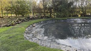 A large pond with complete net coverage and turfed.